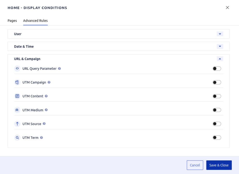 URL & Campaign summary list highlighting query string and UTM parameter switches.