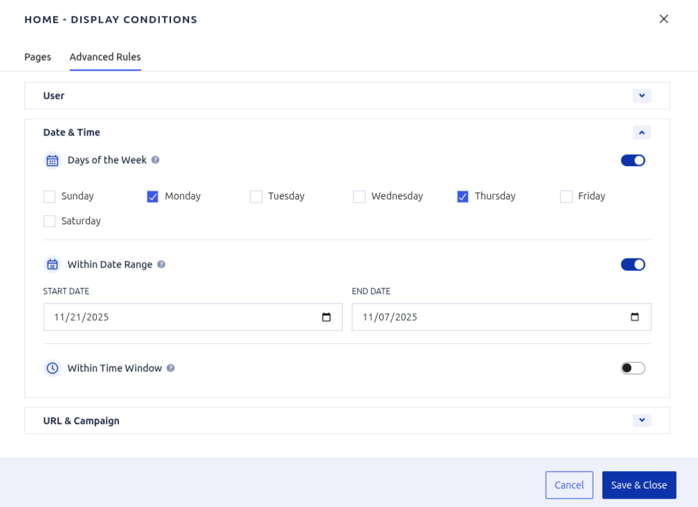 Date & Time editor displaying weekday picker, date range, and time window controls.