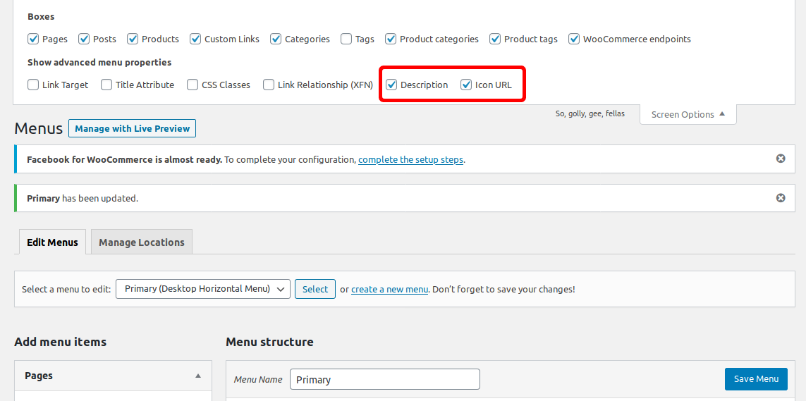 Enable Description and Icon URL fields