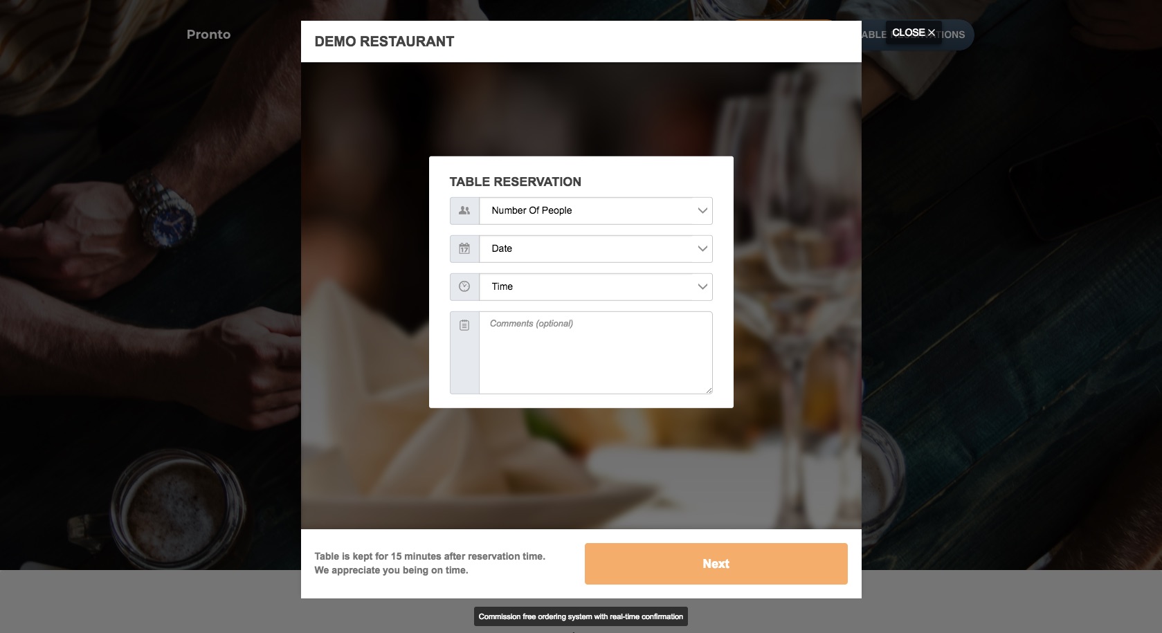 Example of the table reservation widget on a live website