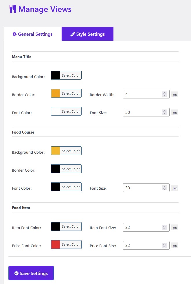 Showing styles settings page