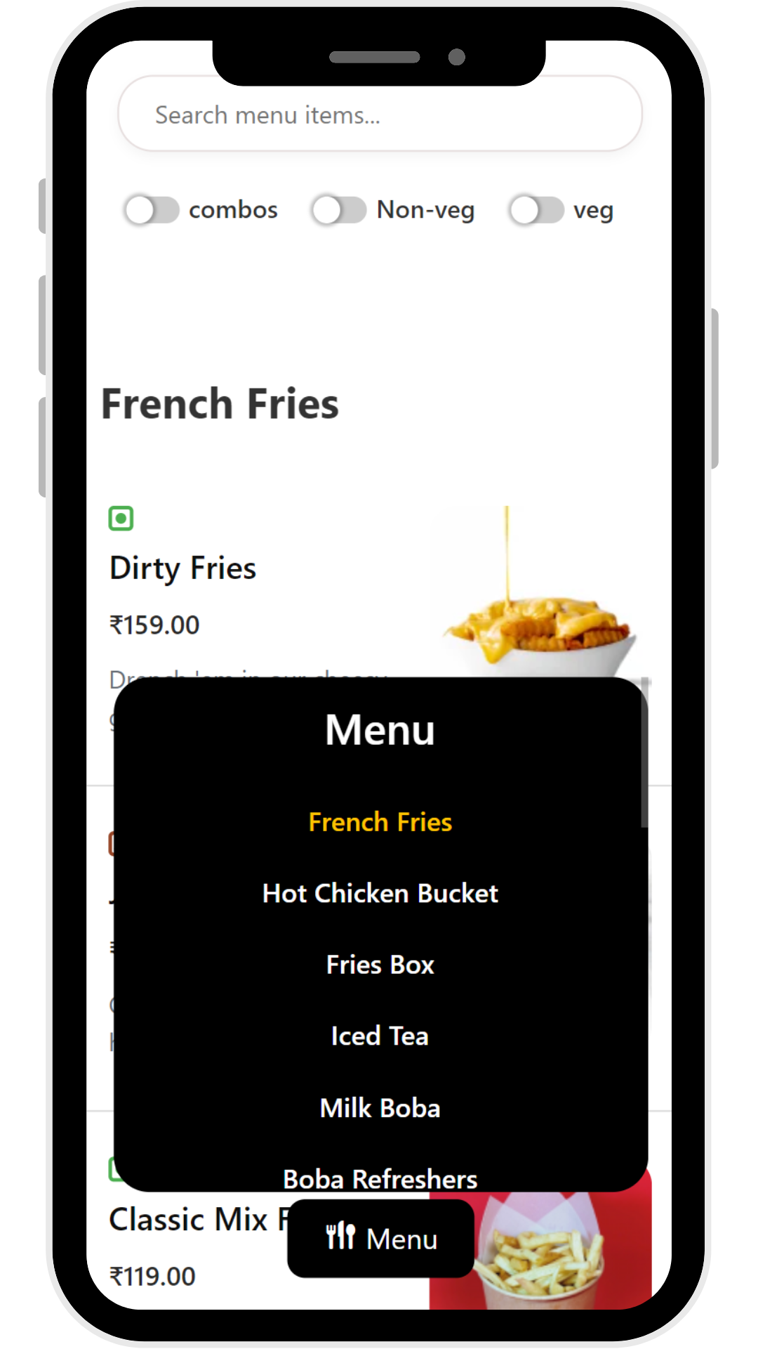 **Menu Search & Filters:** Search and filter options for easy menu browsing.