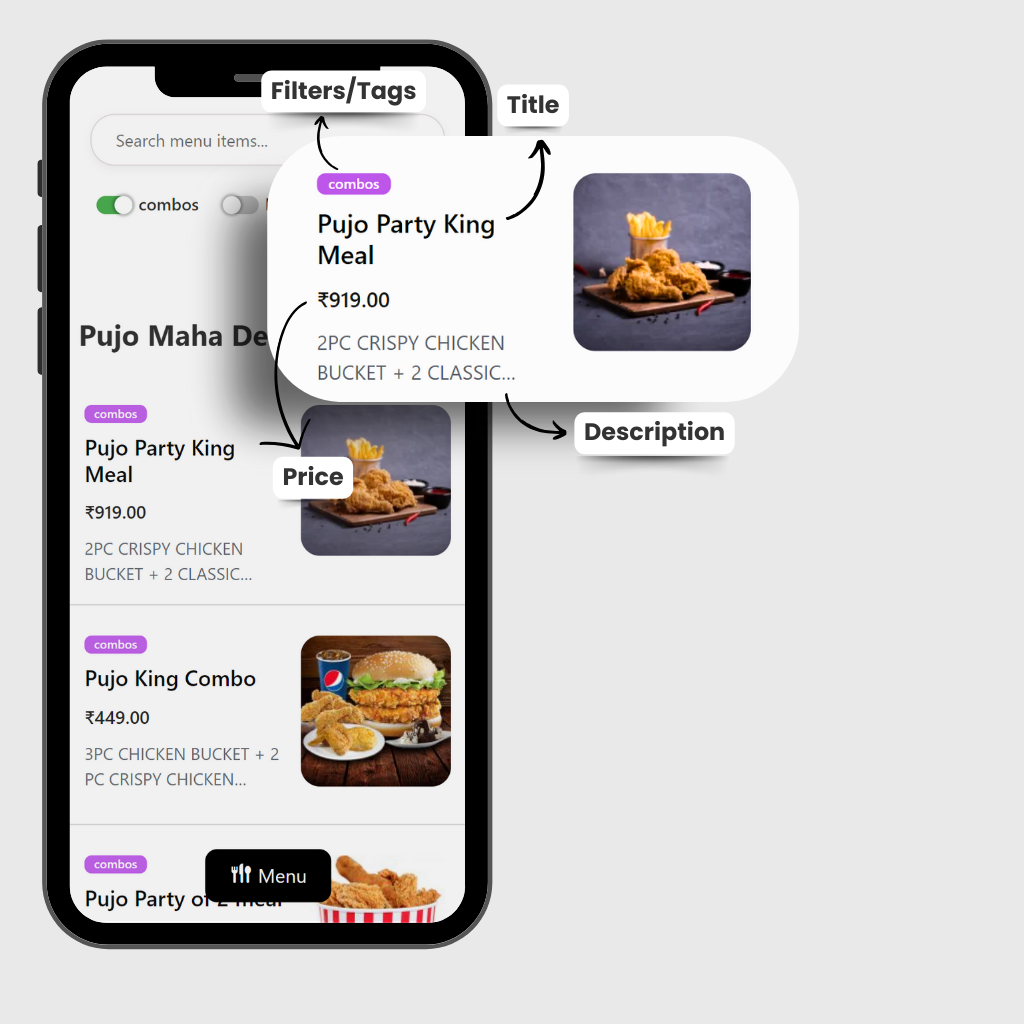 **Menu Categories:** Floating navigation for easy menu navigation.