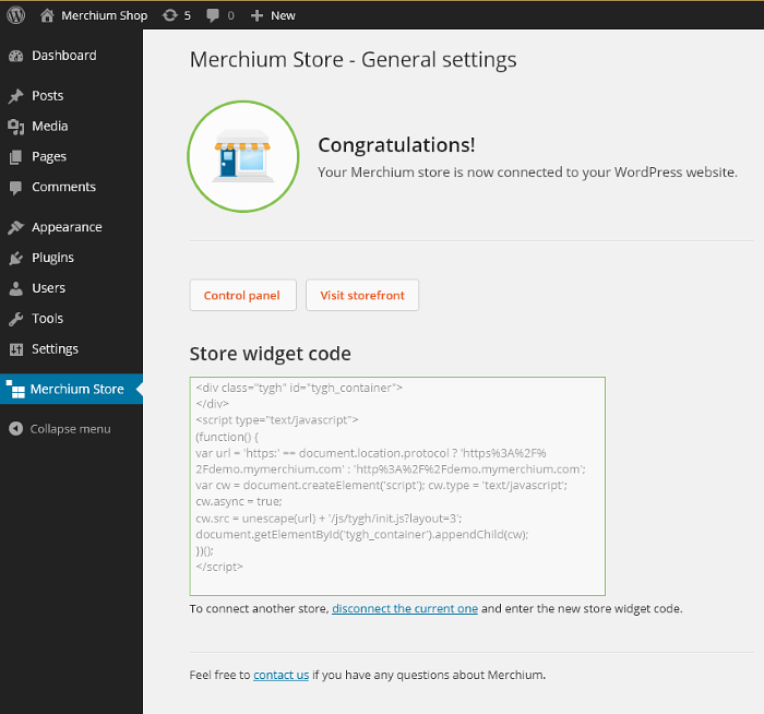 Merchium plugin in WordPress admin panel