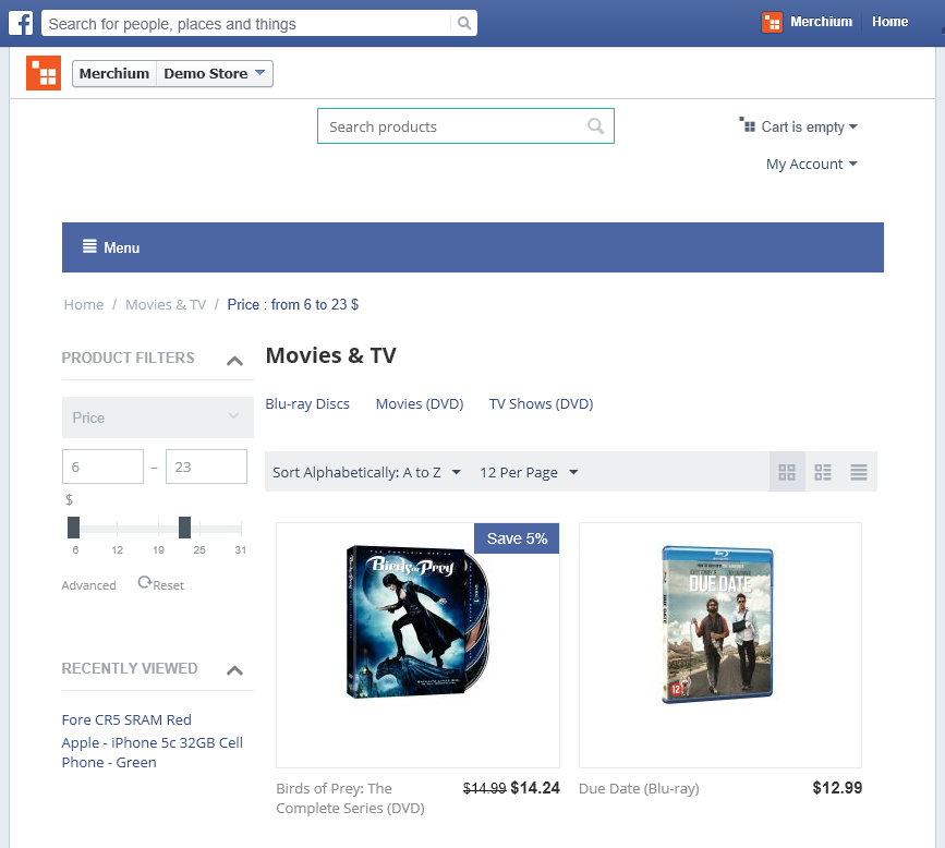 Merchium store in Facebook (live on [facebook.com/merchium](https://www.facebook.com/merchium/app_1414013668838412))