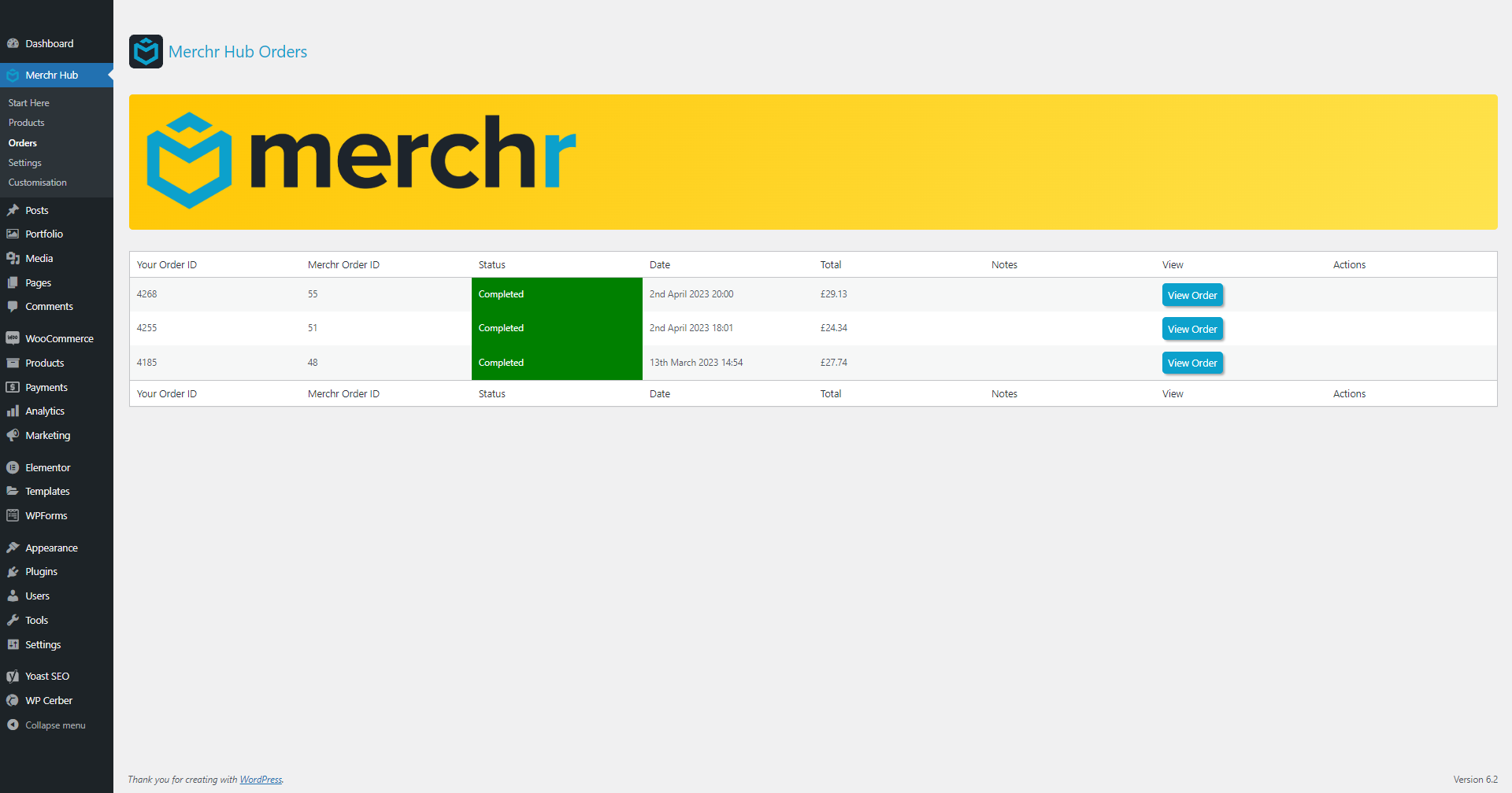 Quick view of the orders pushed to the Merchr Hub for print and delivery.