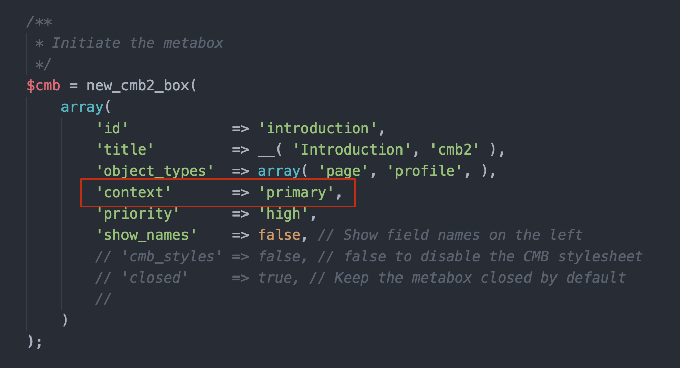 Add a 'context' of primary when registering your meta box for it to appear above the editor (code example using [CMB2](https://wordpress.org/plugins/cmb2/)).