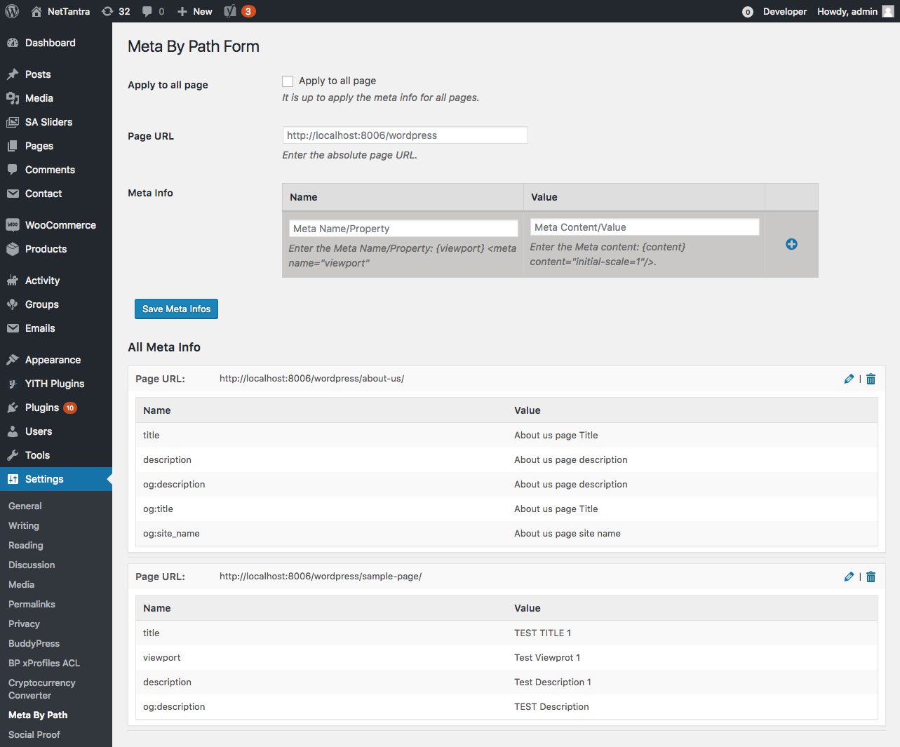 'Meta info form' page
