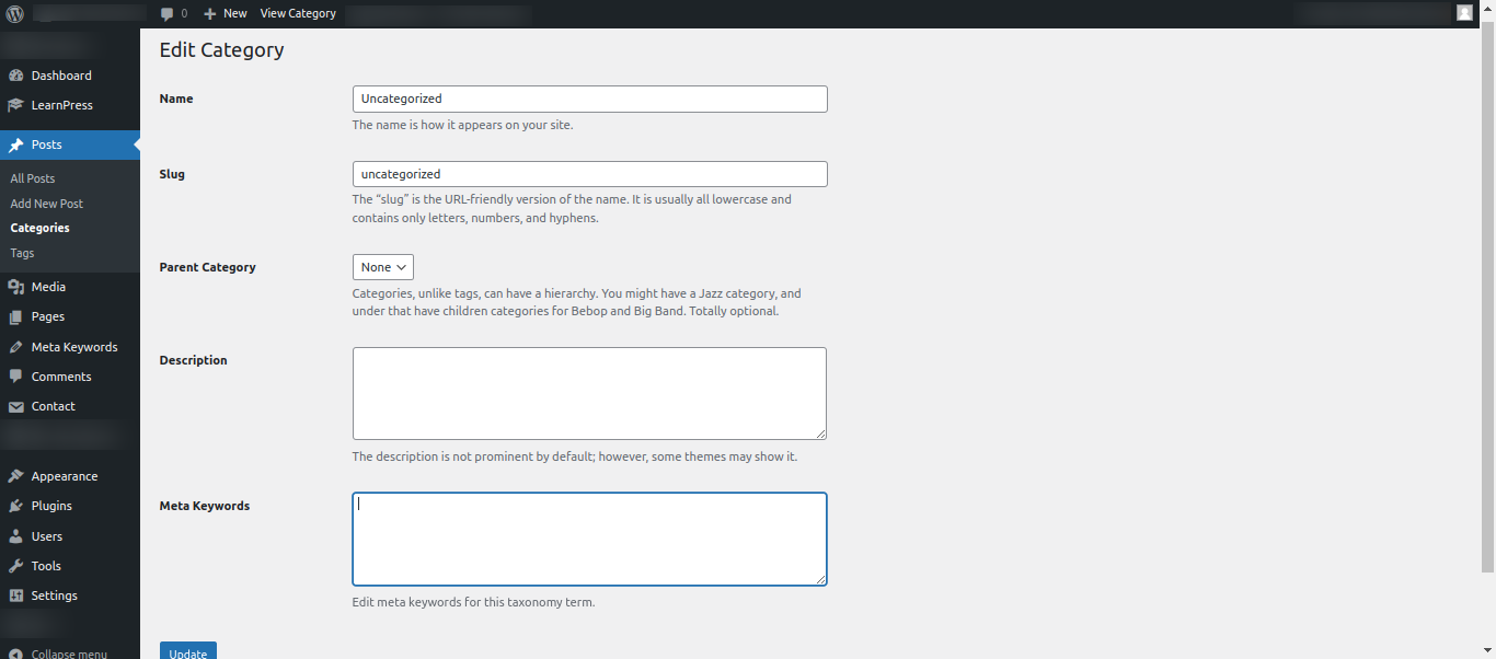 Screenshot of the Meta Keywords box on the post category screen.