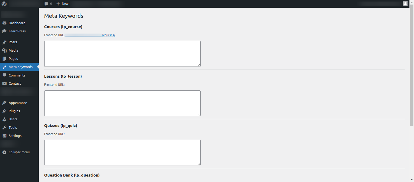 Screenshot of the Meta Keywords page in the WordPress dashboard for managing keywords for custom post types.