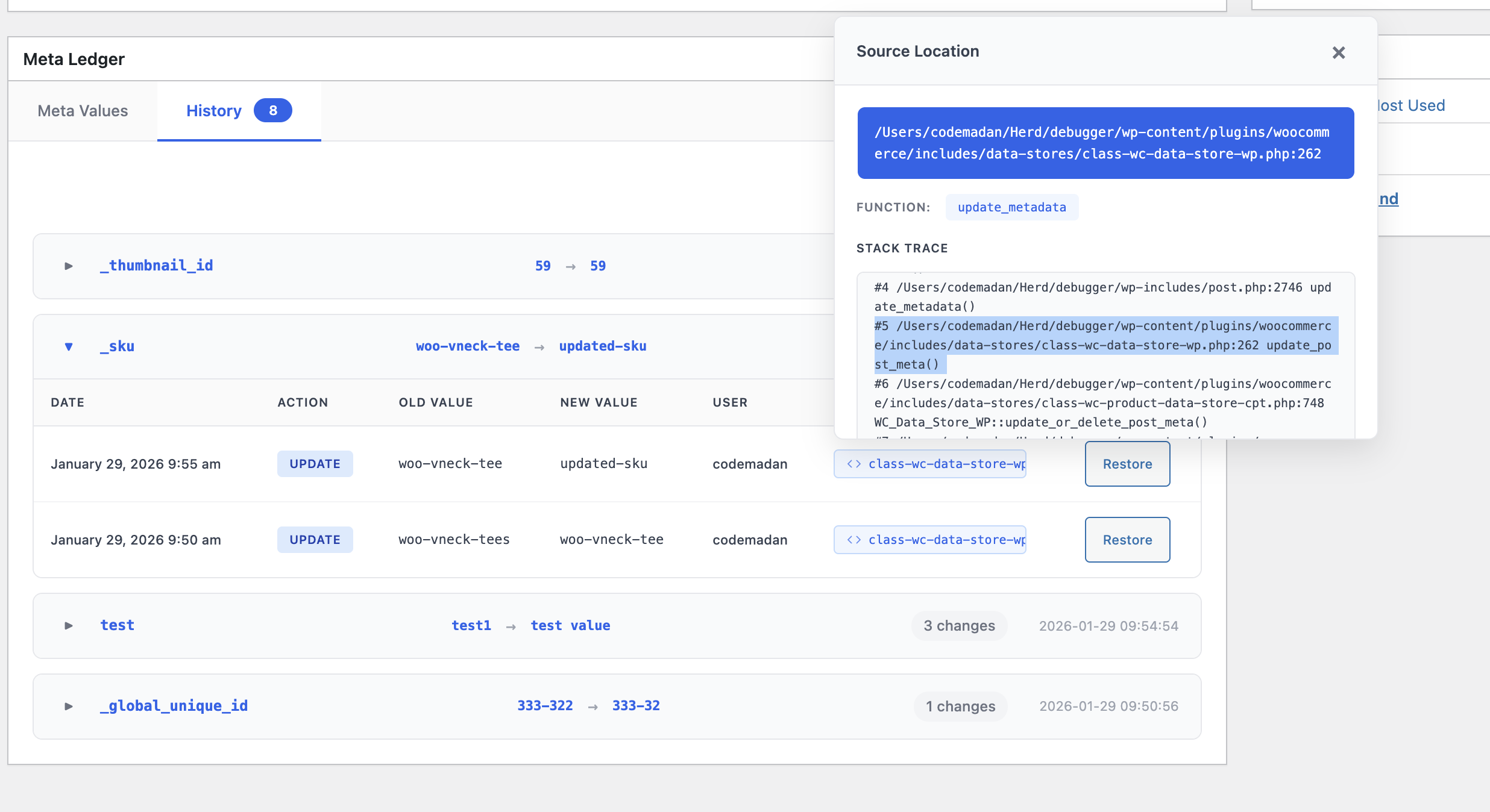 Settings page for configuring post types, retention, and ignored keys