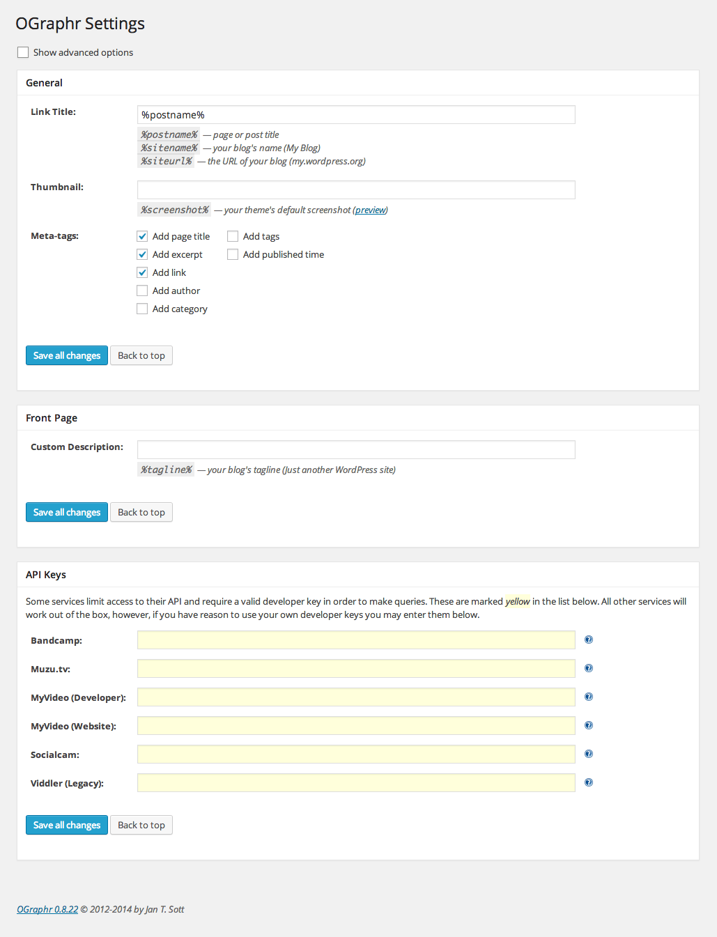 standard settings page for OGraphr 0.8