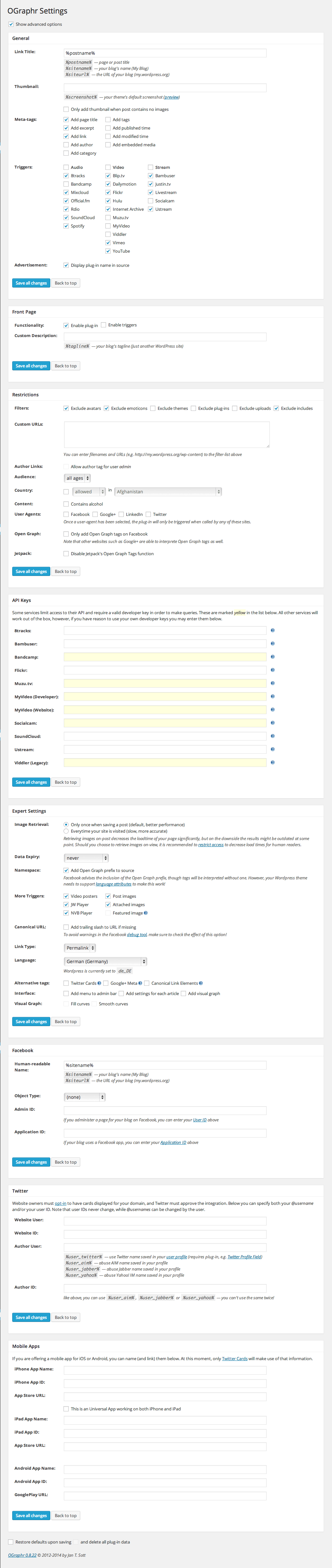 advanced settings page for OGraphr 0.8