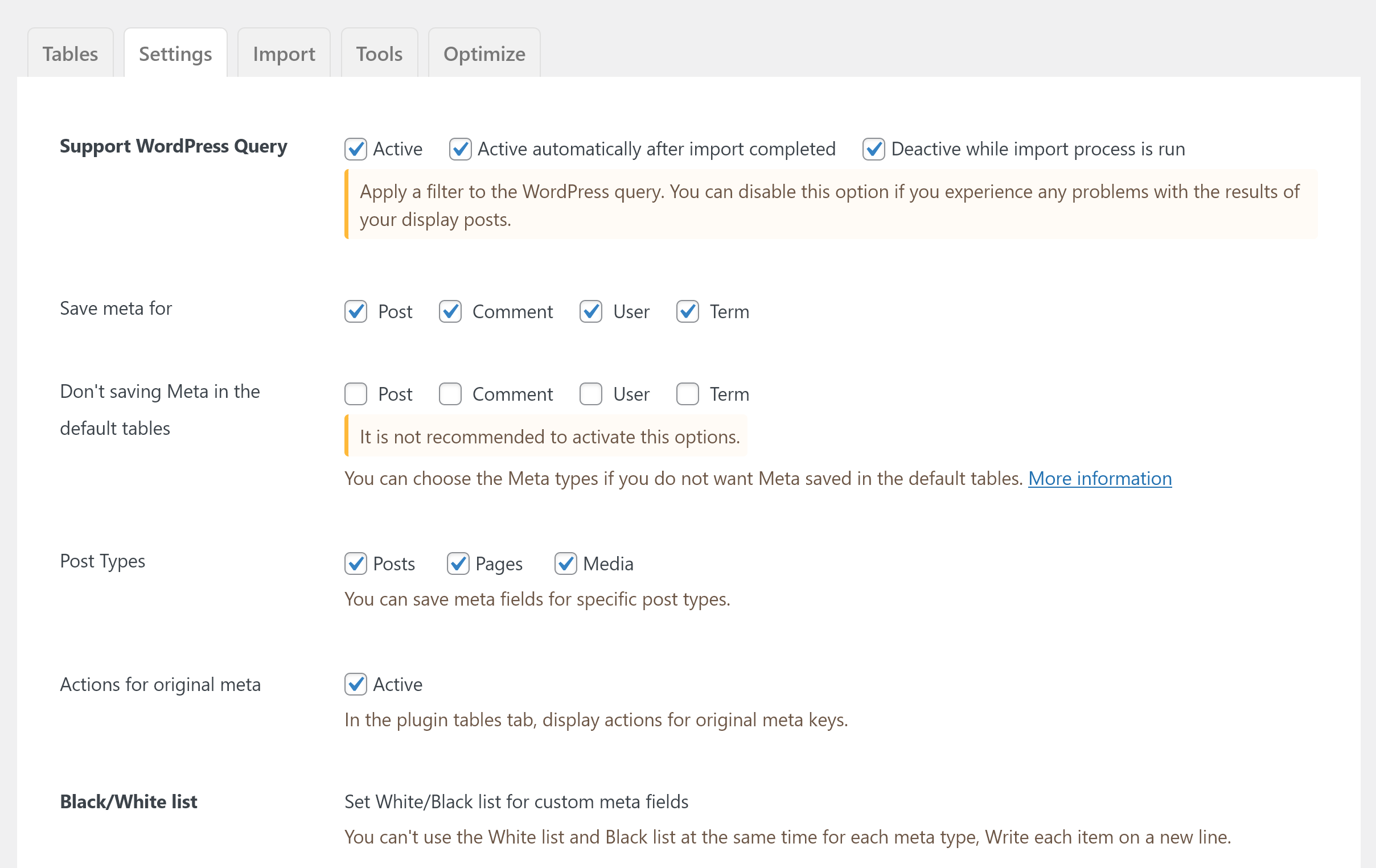 Settings tab, Plugin options.