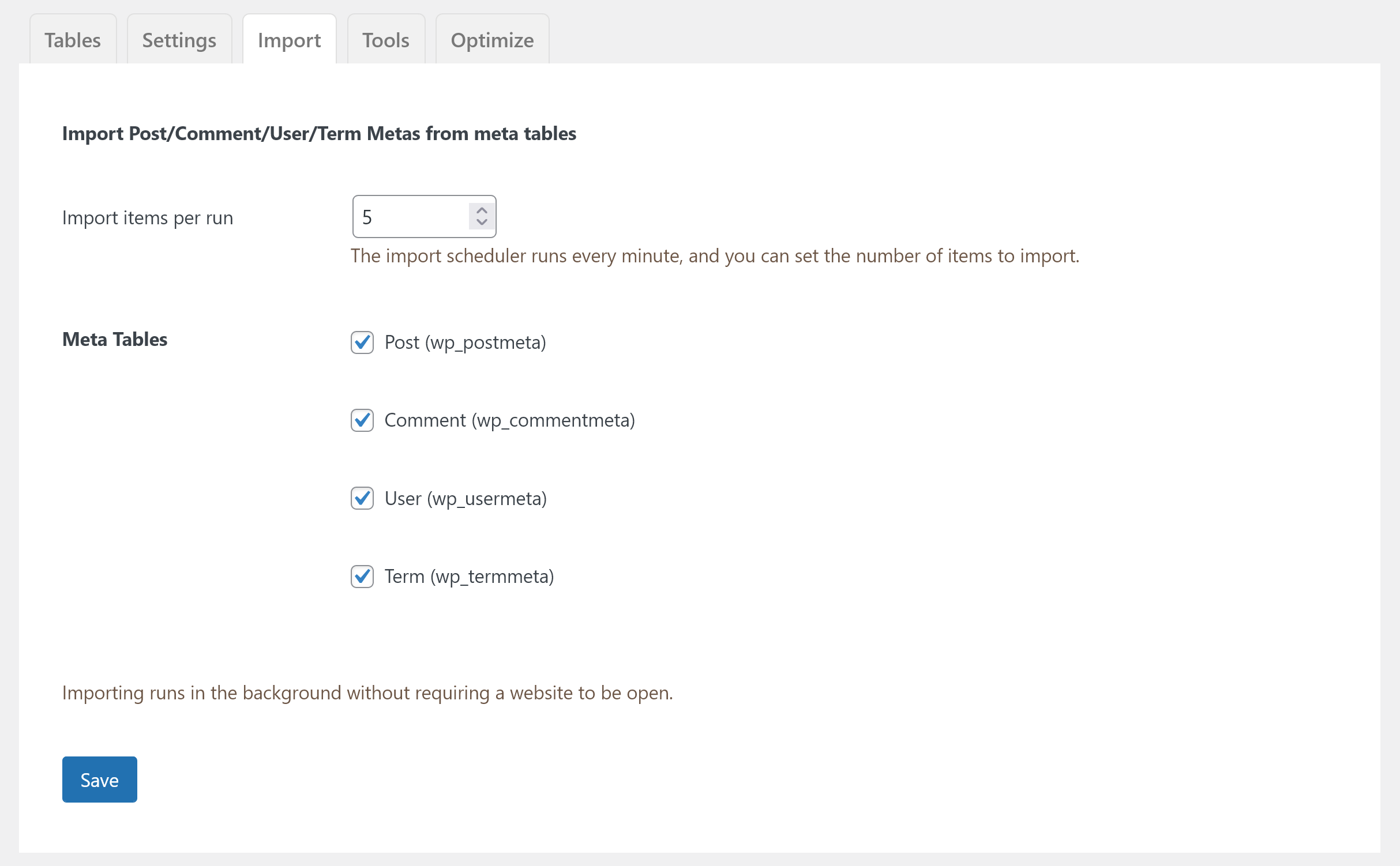 Import tab, Import options.