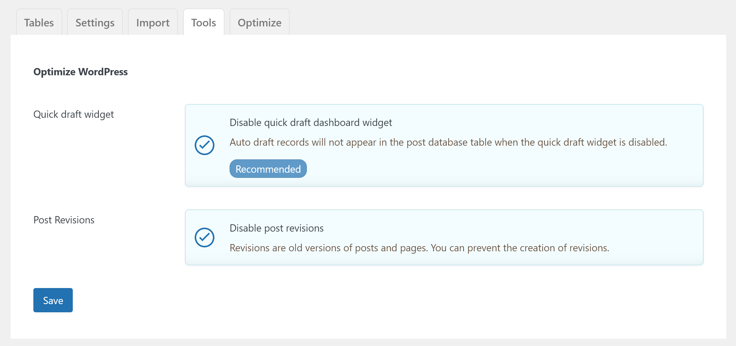Tools tab, Optimize WordPress functionality