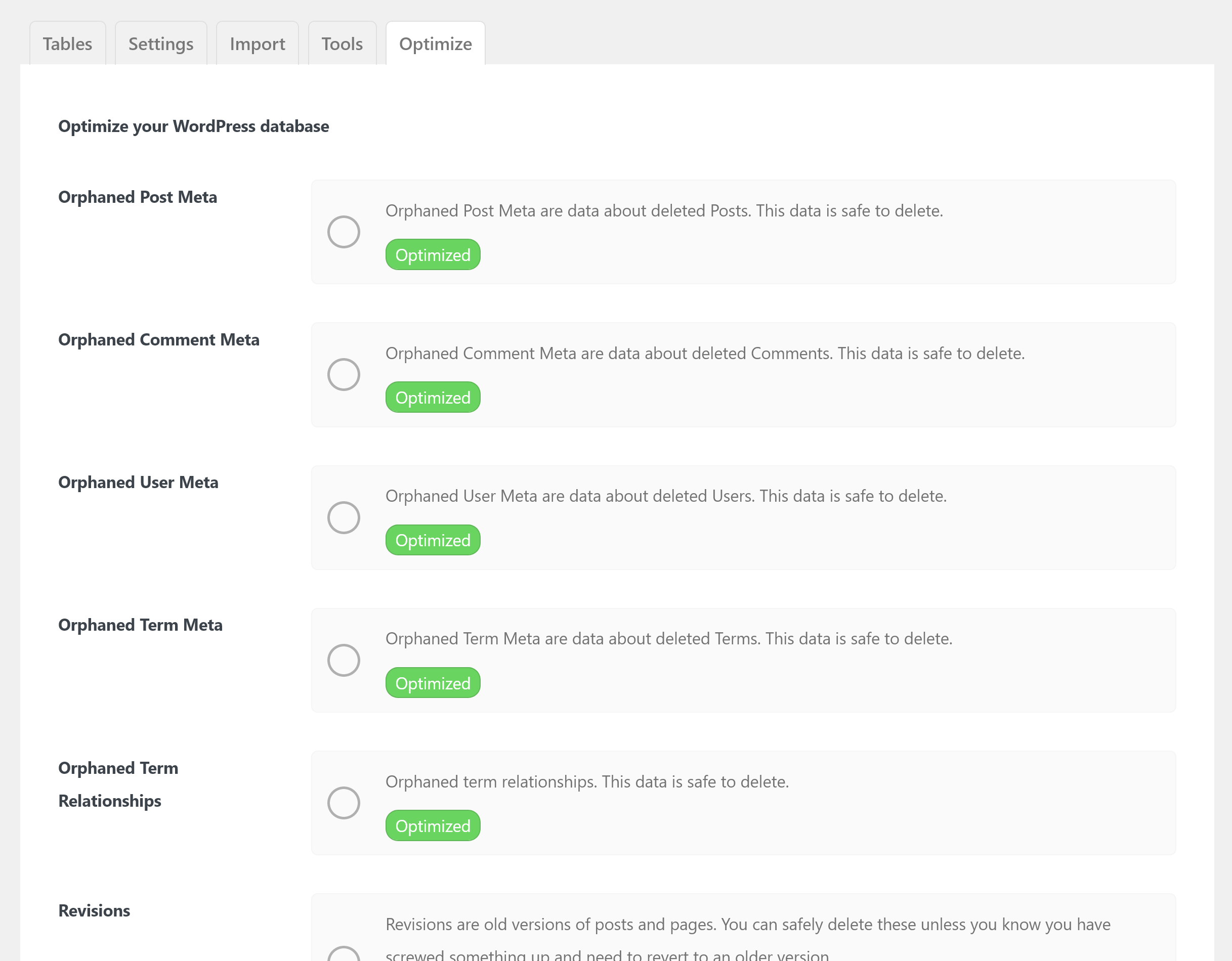 Optimizer tab, Optimize WordPress Database