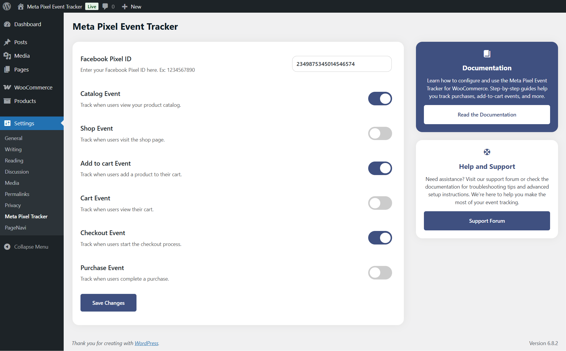 Settings panel to enable or disable events by page type.