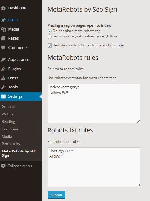 Meta Robots settings page