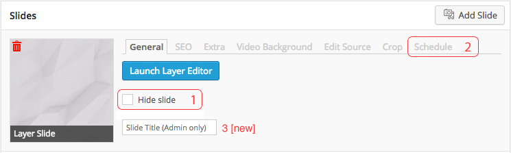 Adds a 'hide slide' checkbox (1) and a new tab (2) to schedule the slide