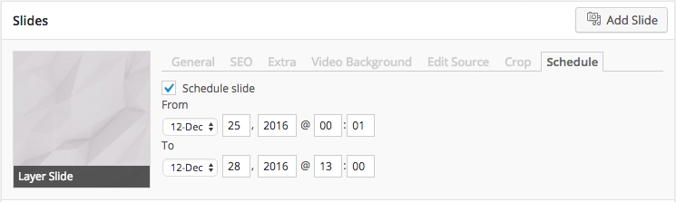 The 'Schedule' tab contains the start and end date as well as a checkbox to activate / deactivate the schedule.