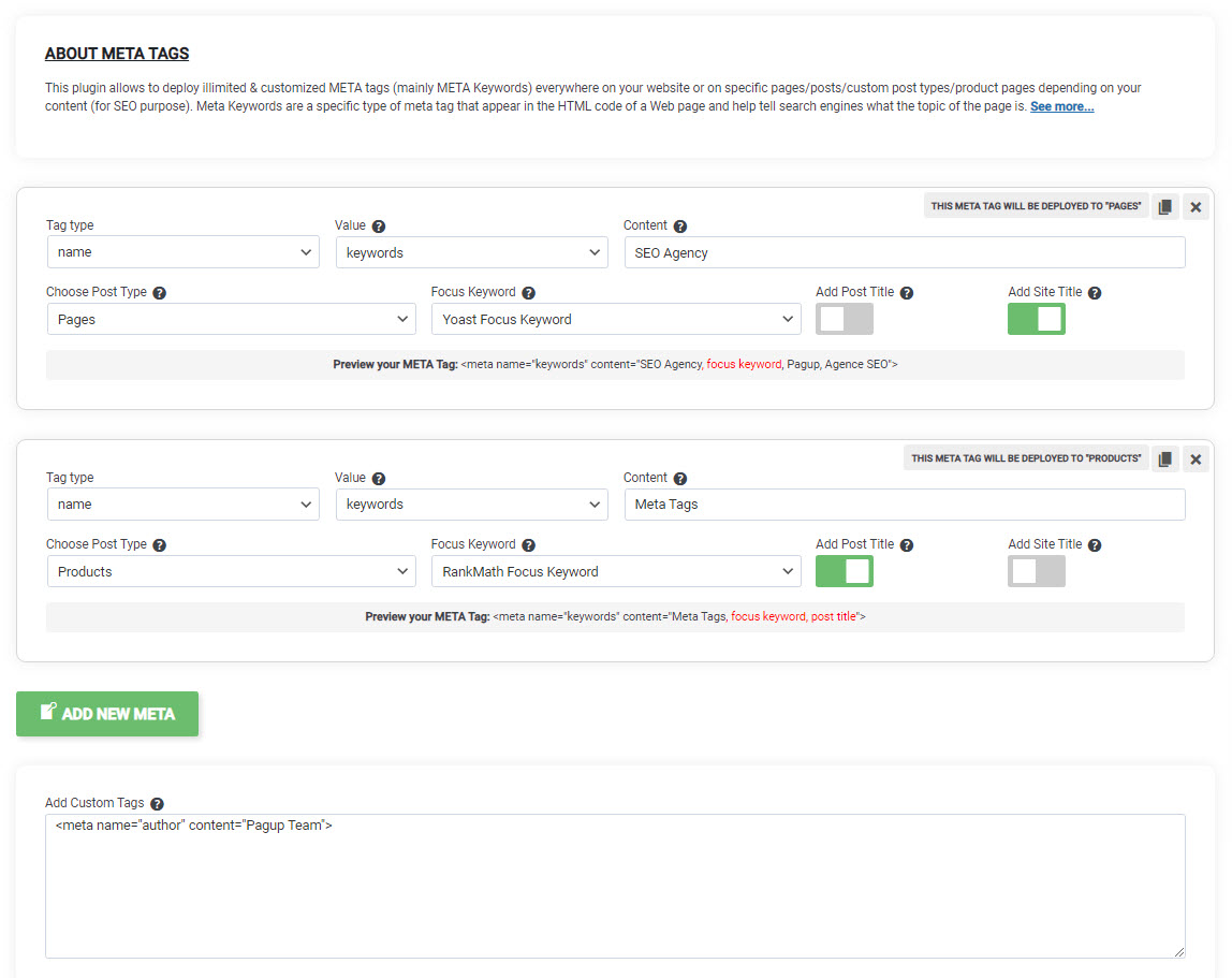 Meta Tags for SEO Settings Page