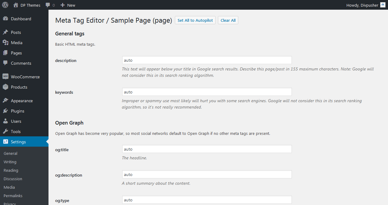 The meta tag editor form