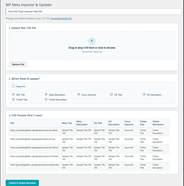 Selecting specific metadata fields for bulk update.