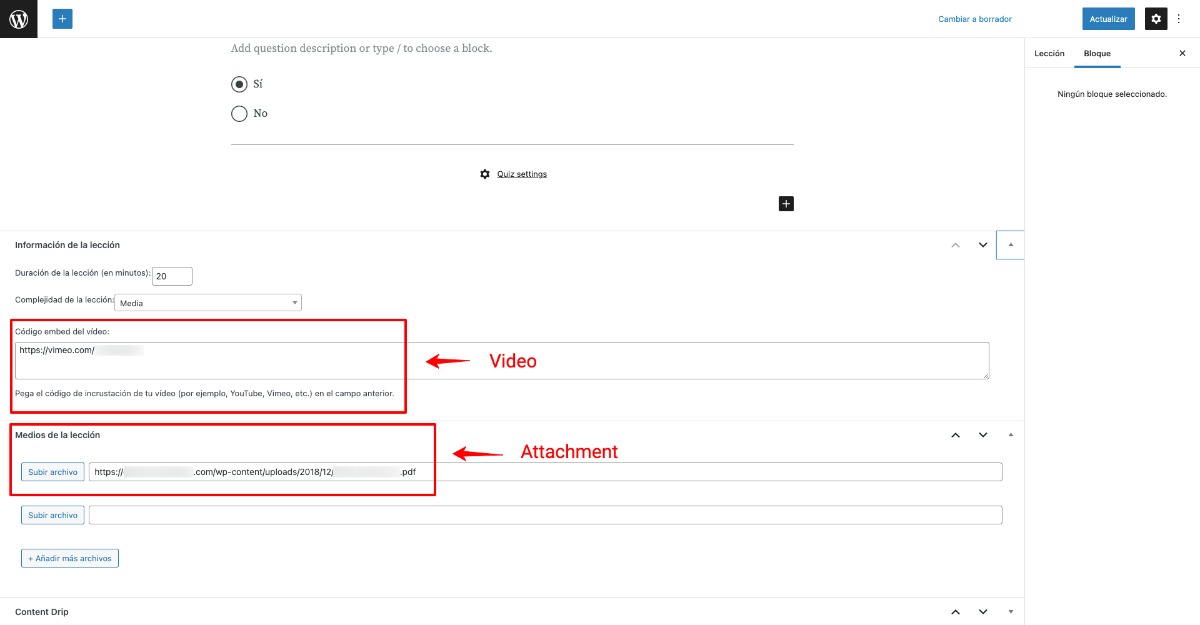 Sensei LMS WordPress editor meta boxes for video and attachments