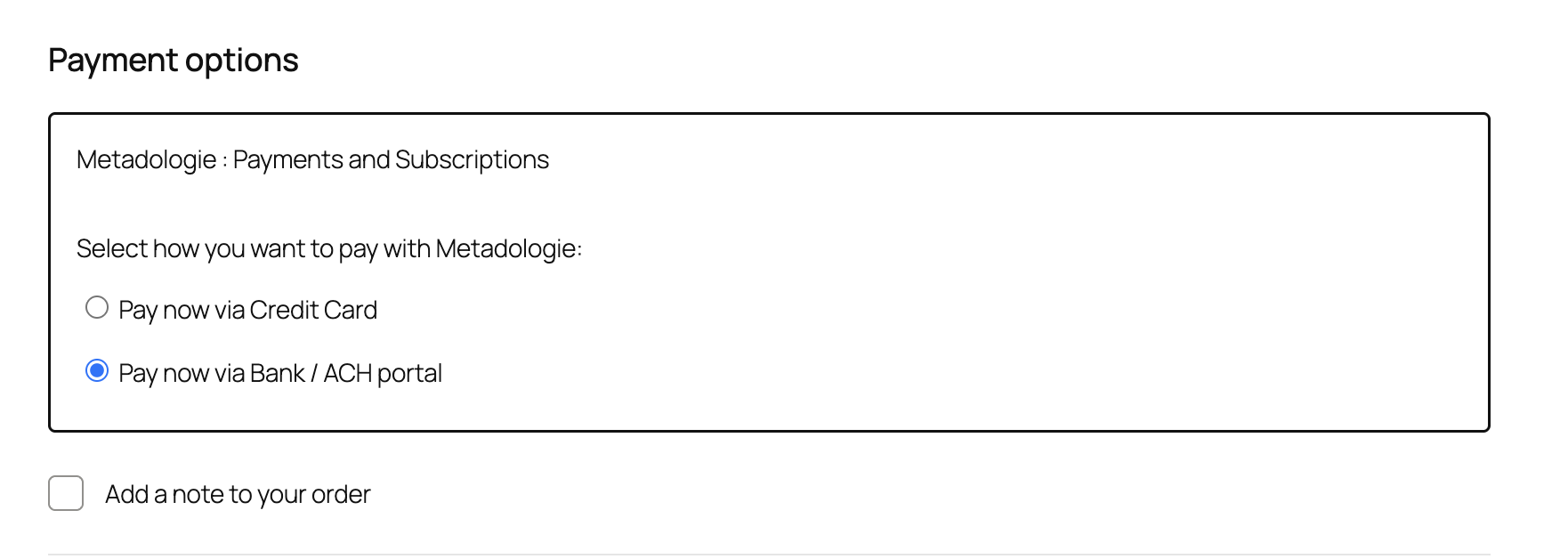 The Checkout experience showing the available payment options (Credit Card and ACH).
