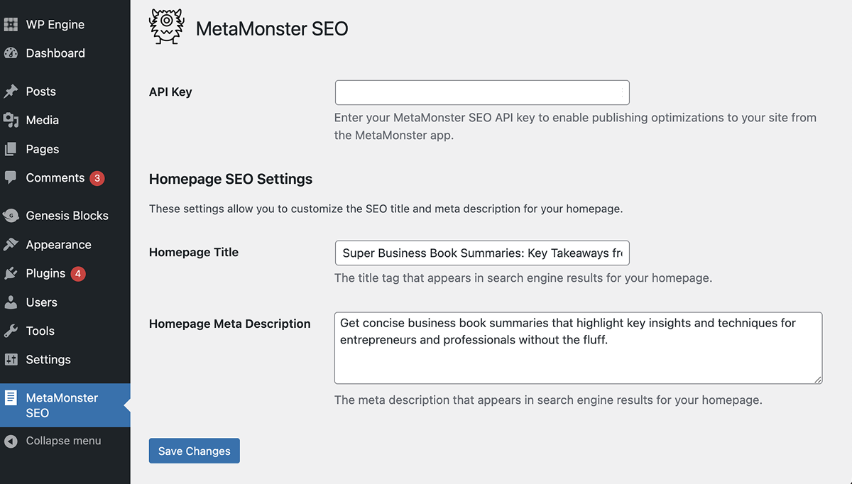 Edit the homepage SEO title and meta description directly or generate and publish from your MetaMonster.ai account.