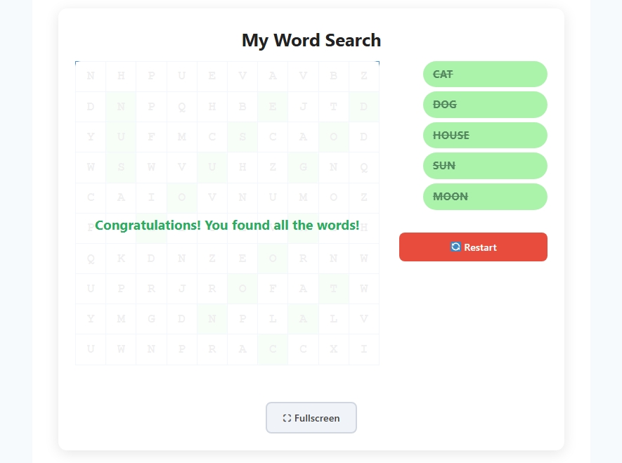 Puzzle completed — success message overlay.