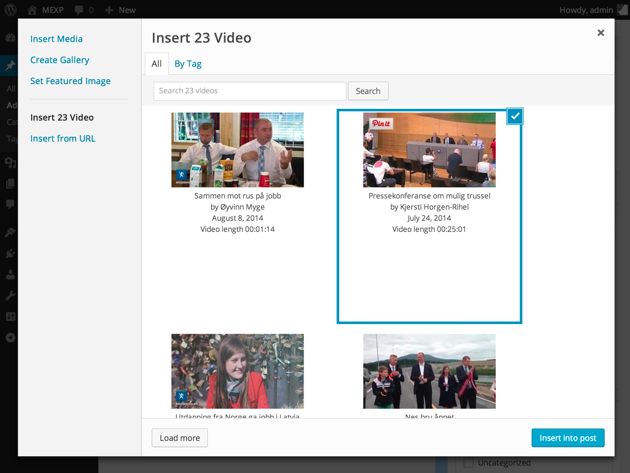 Search videos from 23 Video within media explorer