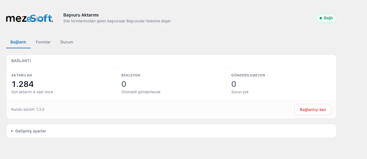 Connection status and transfer counters.