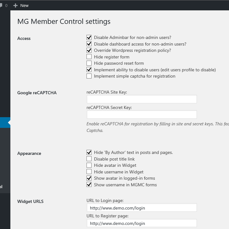 MG Member Control settings