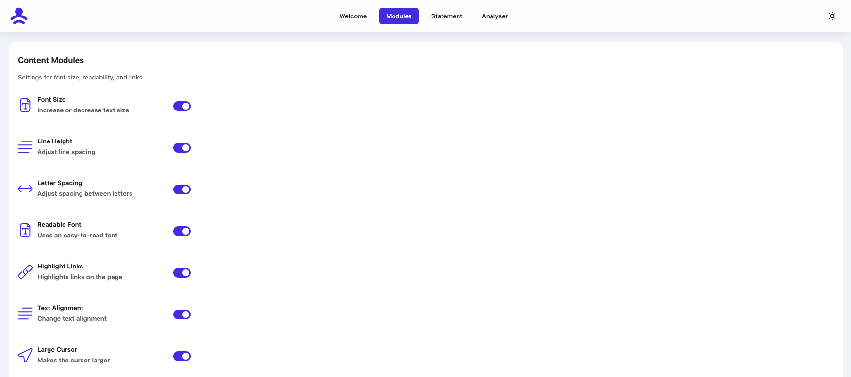 Accessibility settings panel