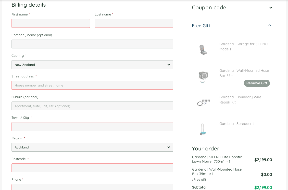 Free Gift section at checkout. Can remove & add gifts here also.