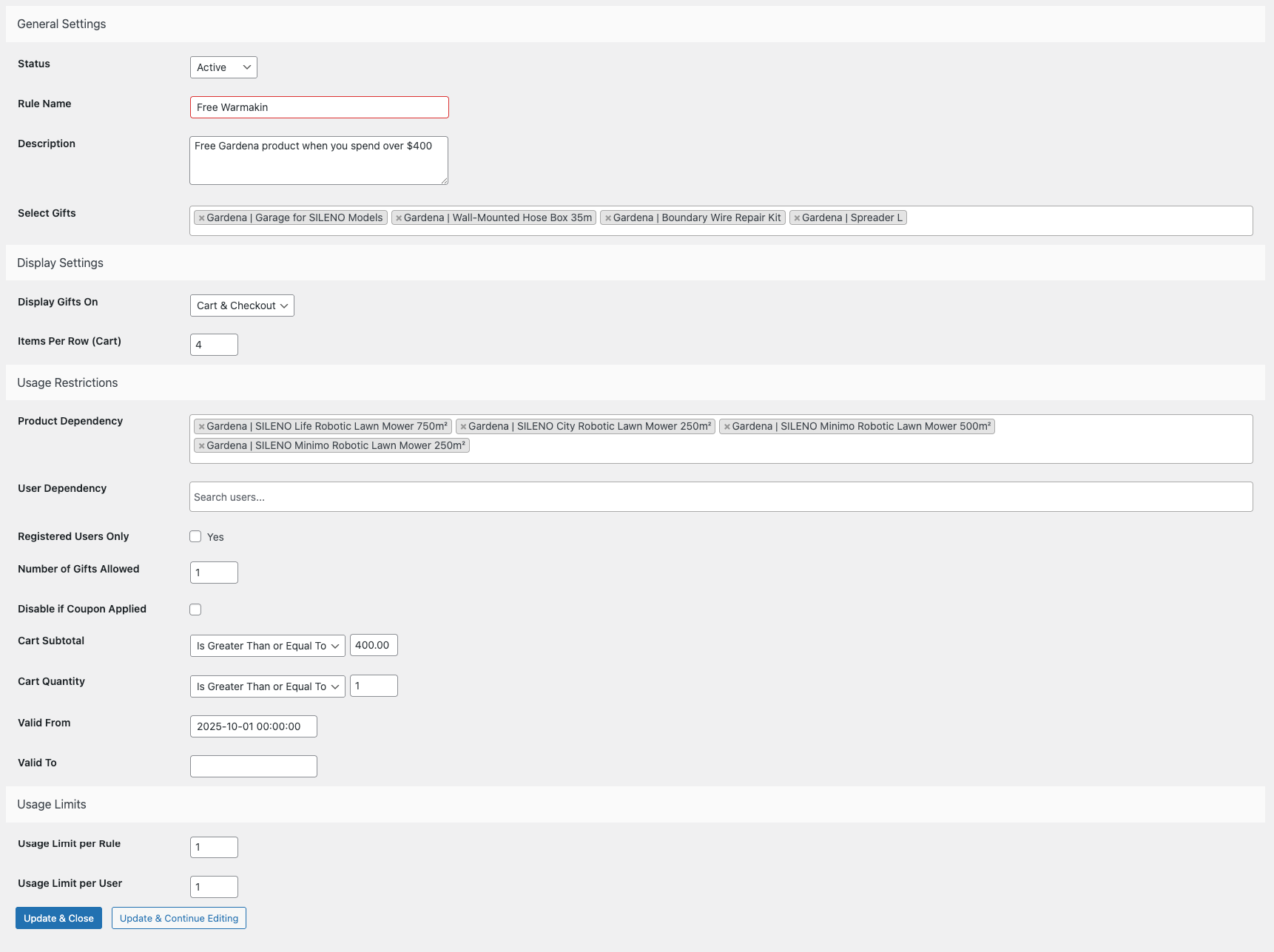 Add/Edit Rule page in Admin