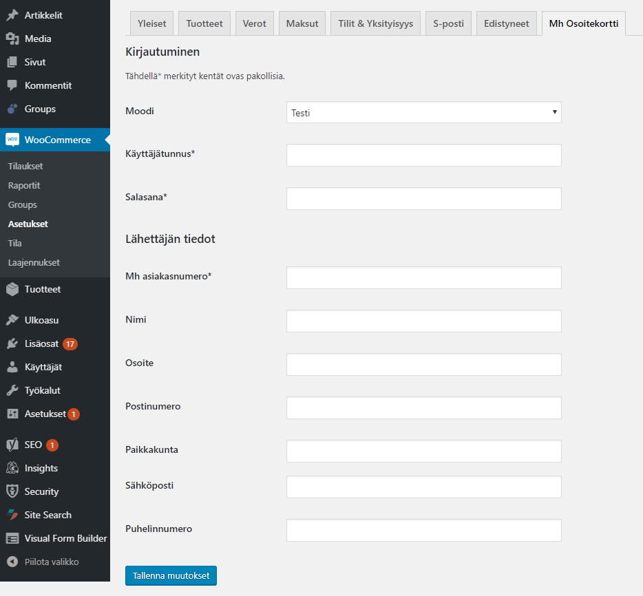 Mh Osoitekortti settings page