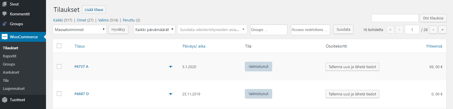 WooCommerce order list with added buttons