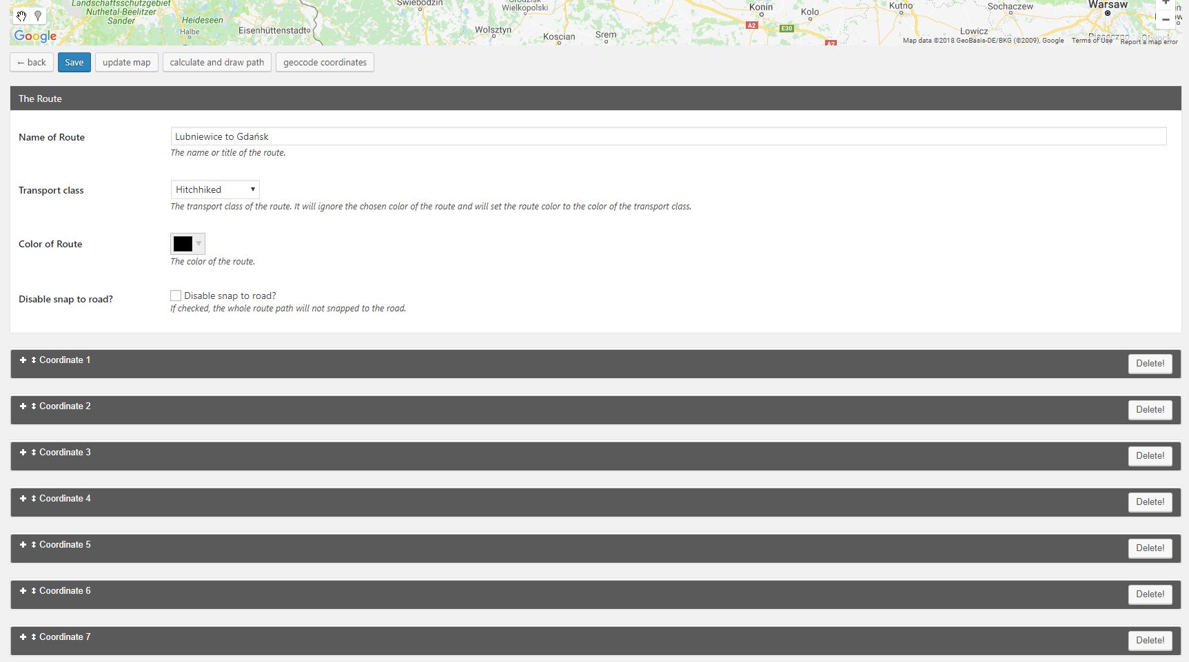 Backend main settings in route edit menu