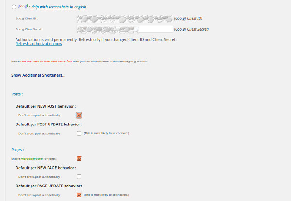 MicroblogPoster Options page, Social Network Accounts. (Part 1)