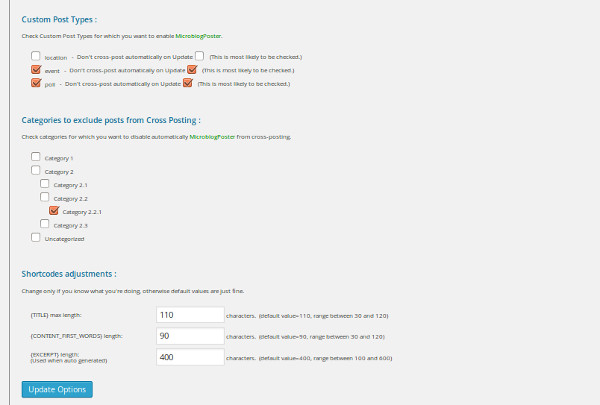 MicroblogPoster Options page, Social Network Accounts. (Part 2)