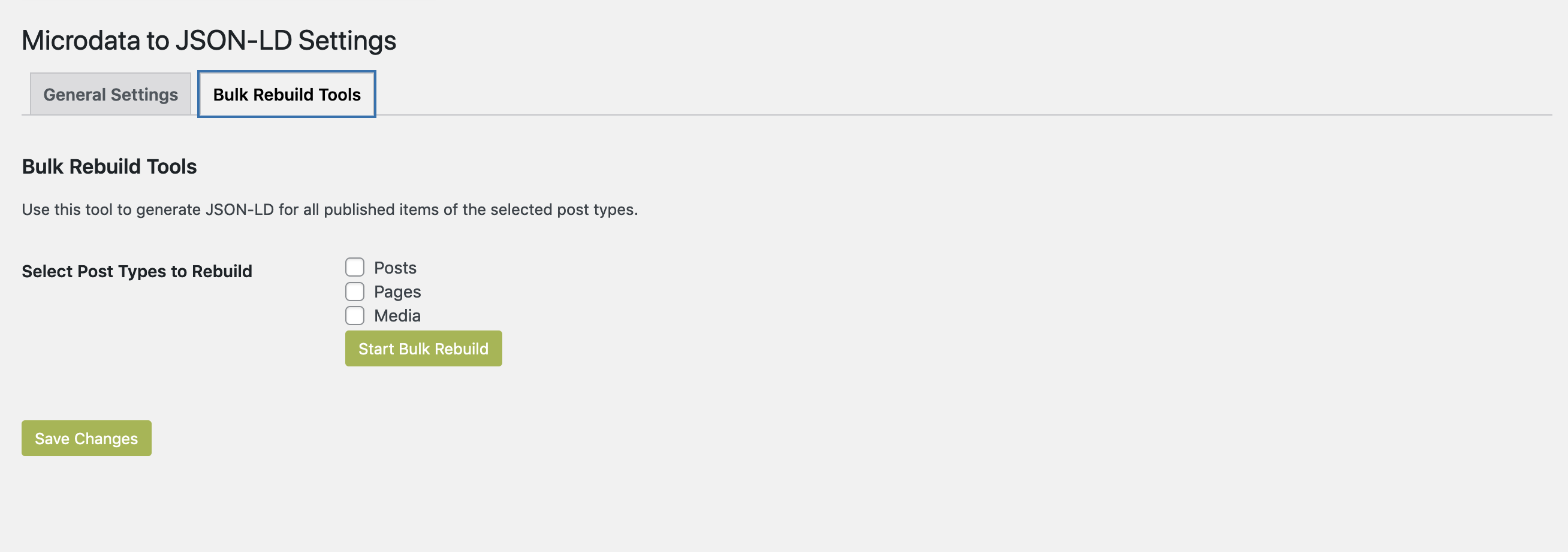 The "Bulk Rebuild Tools" tab, showing the post type selection and progress bar.
