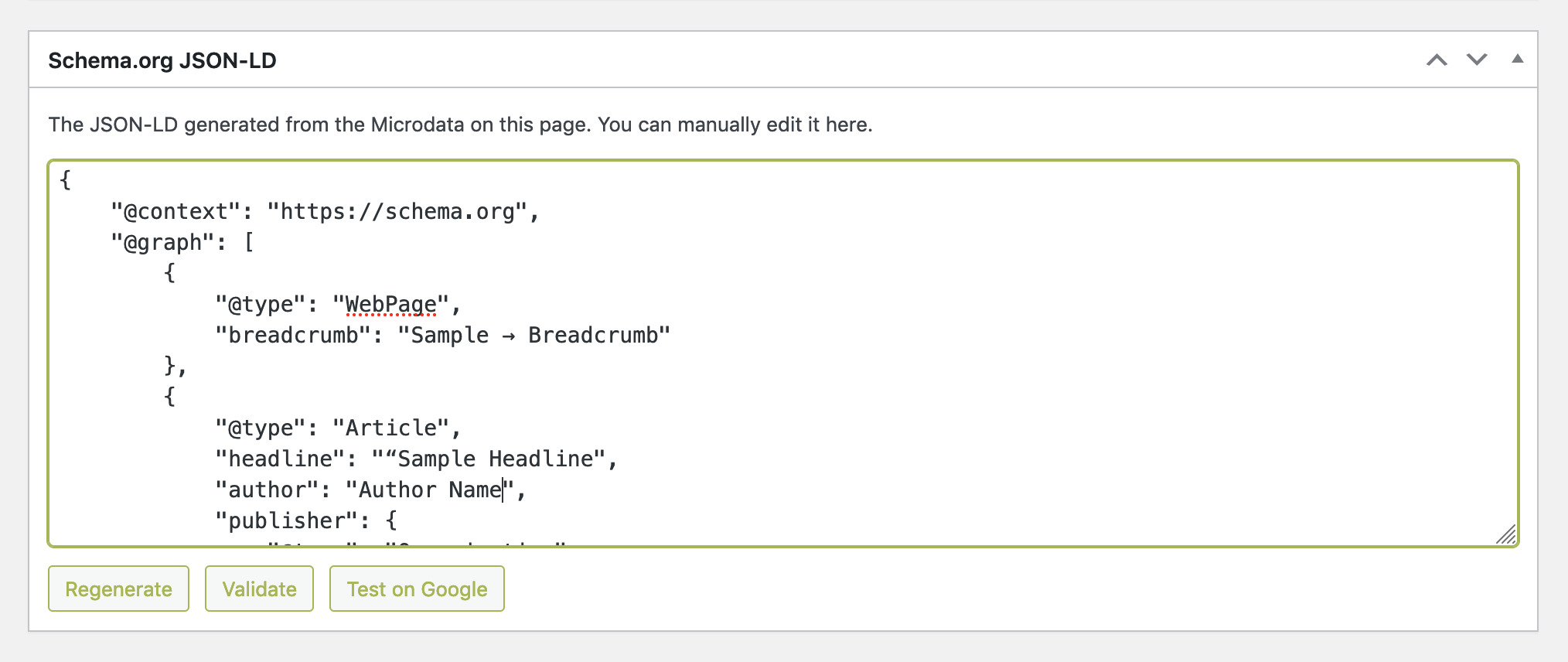 The eta box in the post editor, showing the generated JSON-LD.