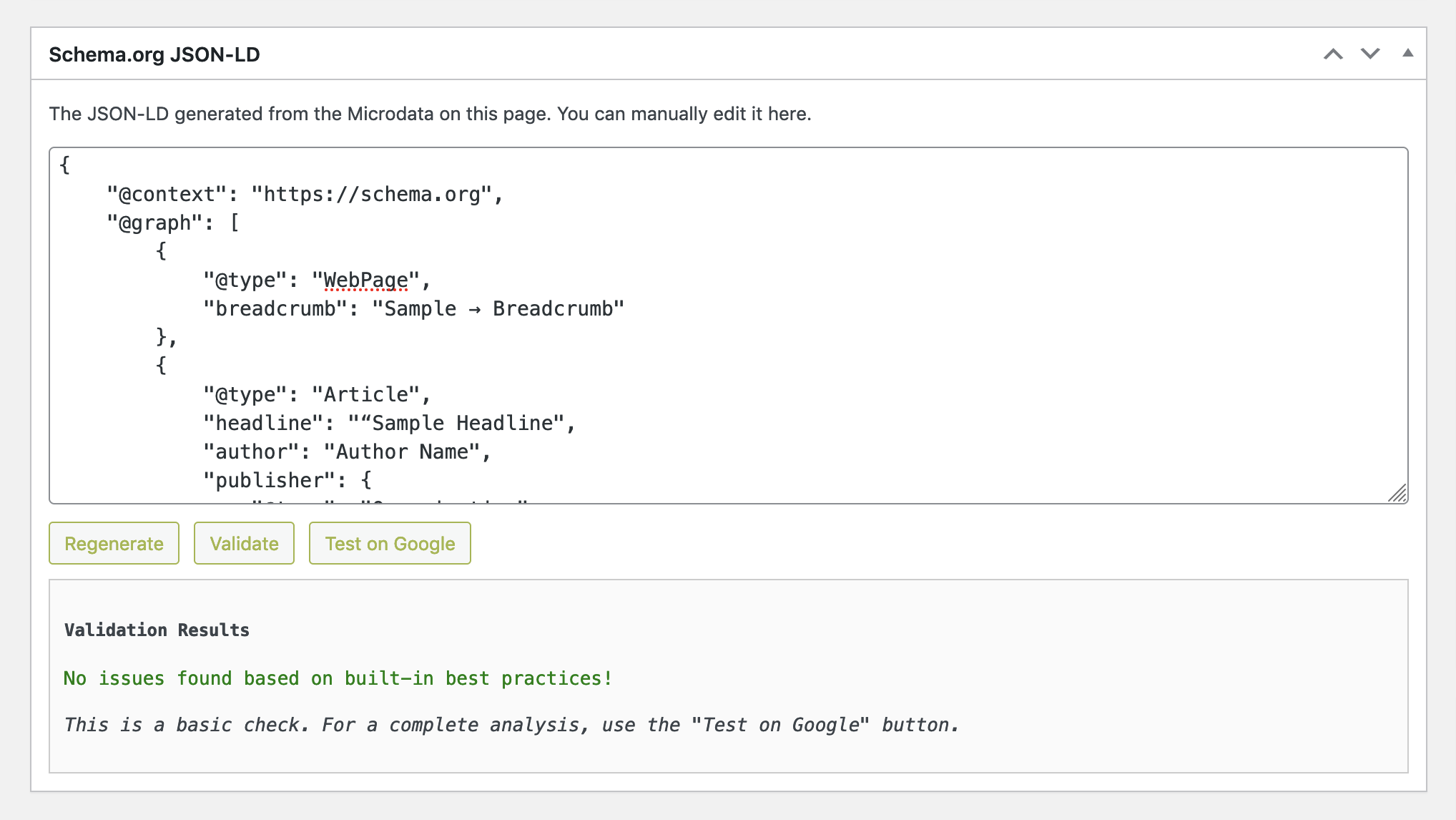 The meta box's validation results after clicking the "Validate" button.