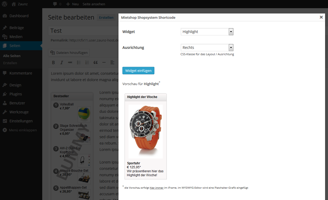 Widget-Auswahl im WYSIWYG-Editor