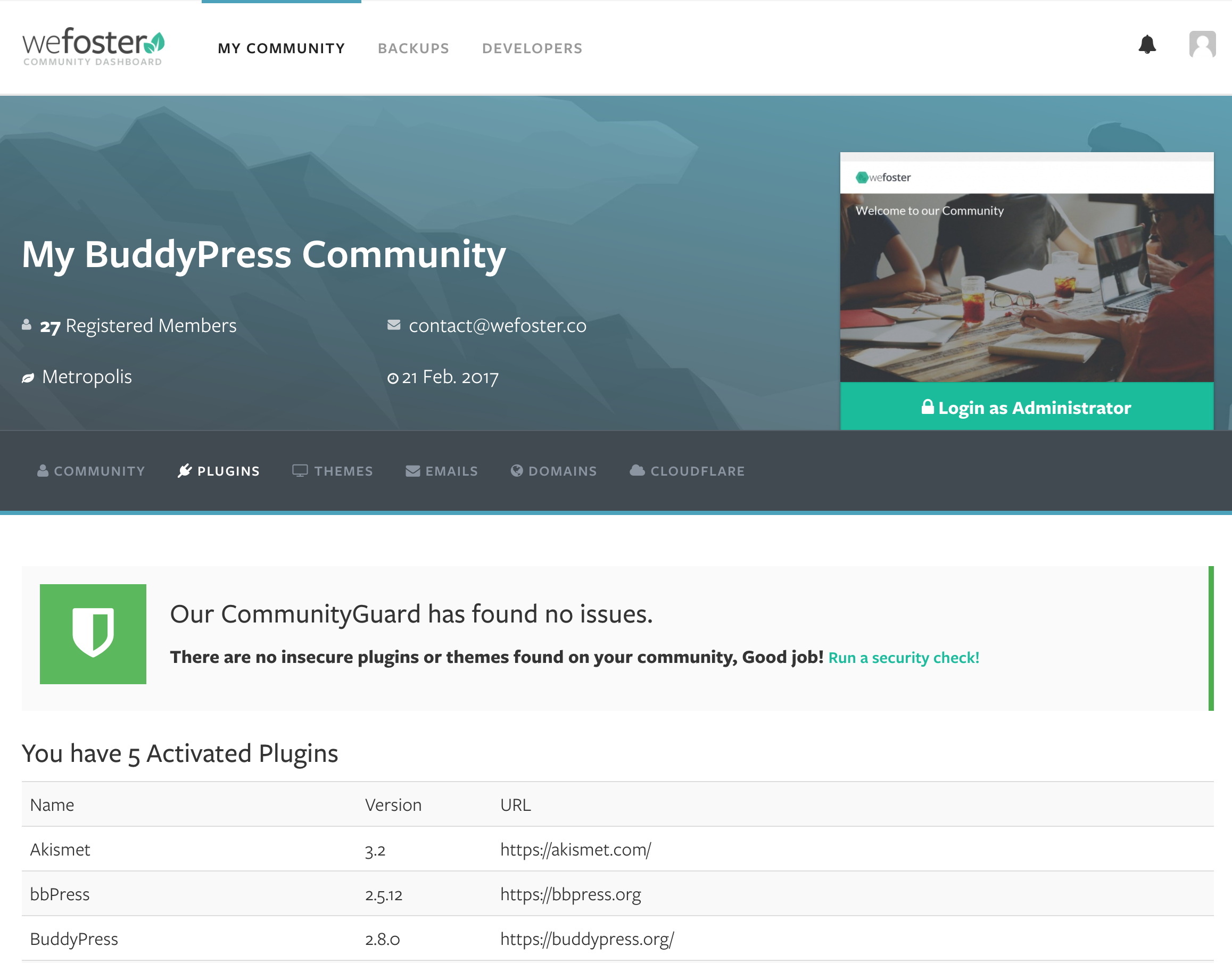 Use your MyWeFoster Community Dashboard to manage your community, see analytics and insights and access our developer tools.