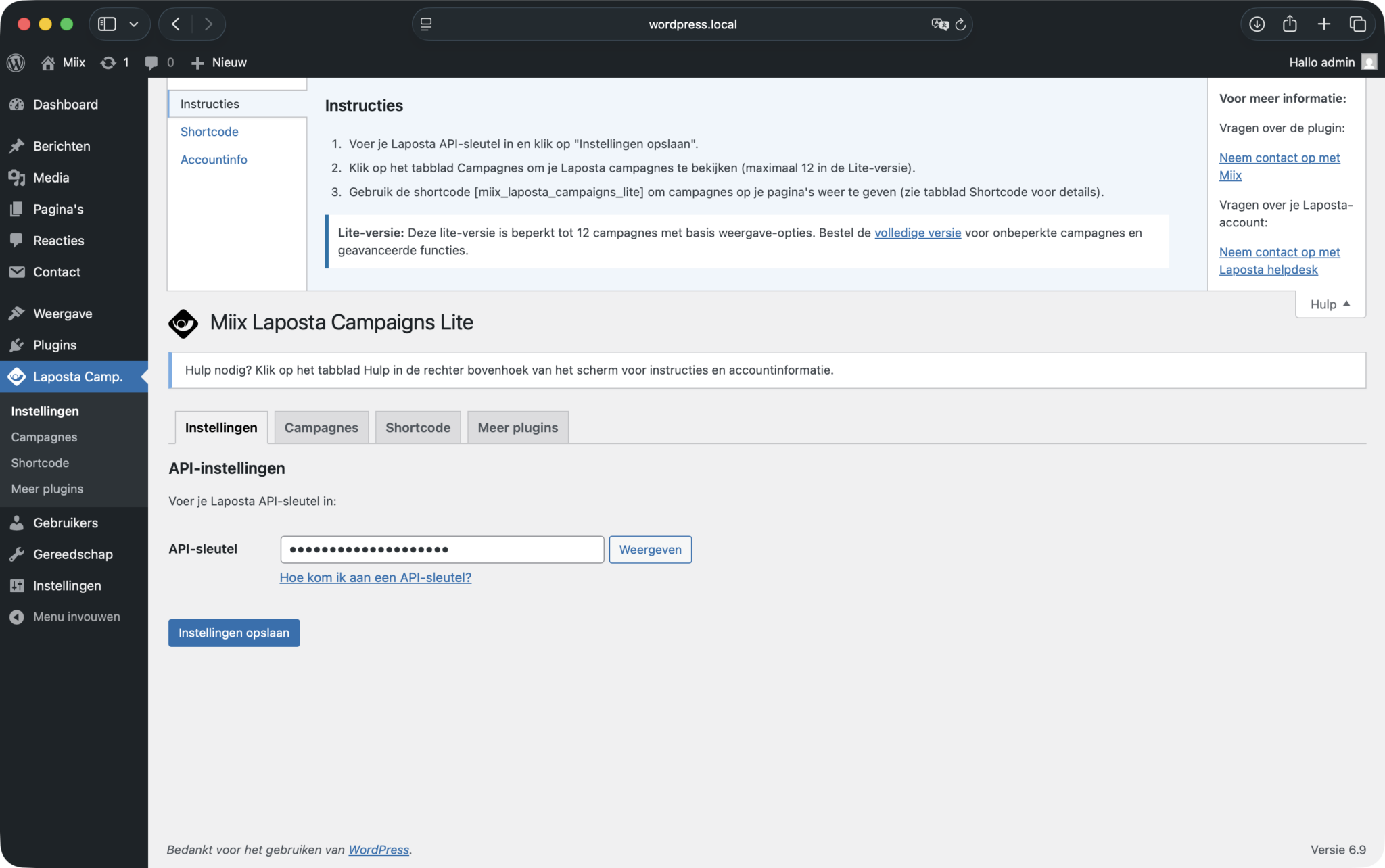 Help section with instruction, shortcode usage and account info