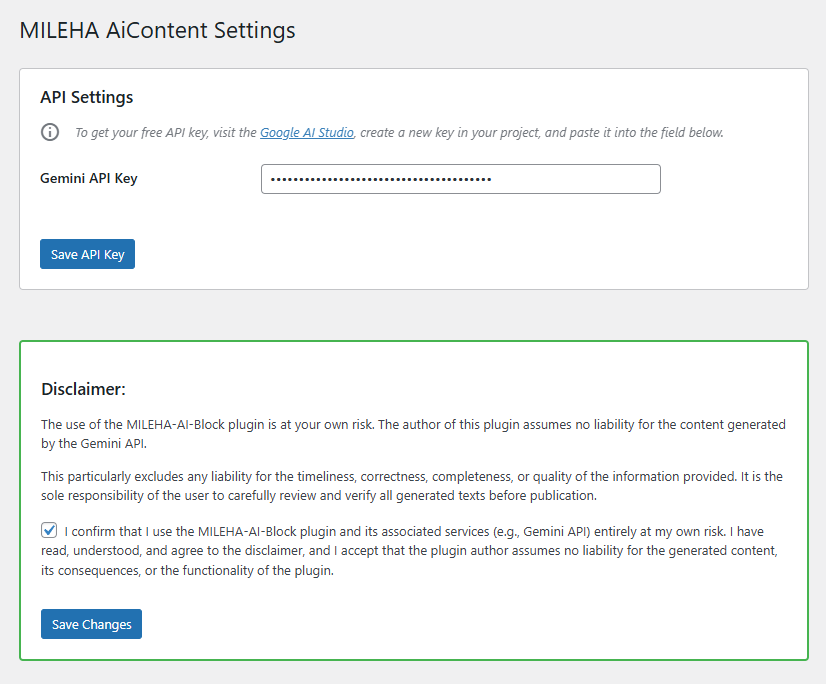 The settings page with the API key and disclaimer boxes.